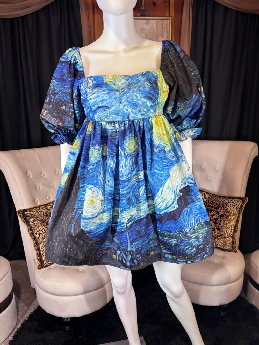 Starry Night Art Print Puff Sleeve Babydoll Dress